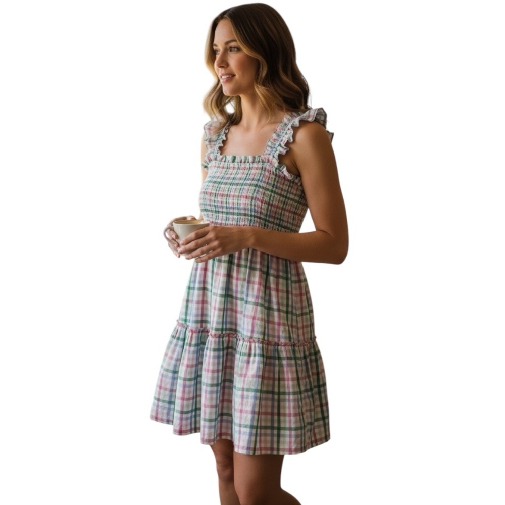 NWT’S Poplin Tiered Ruffle Strap Dress pink green plaid cottagecore baby doll